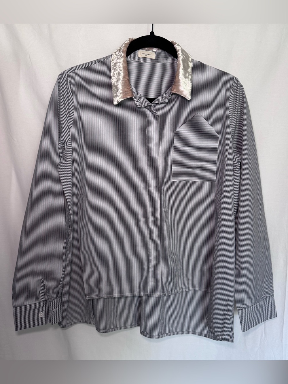 Atelier Evène Paris Striped High-Low Button Down Velvet Collar Blouse